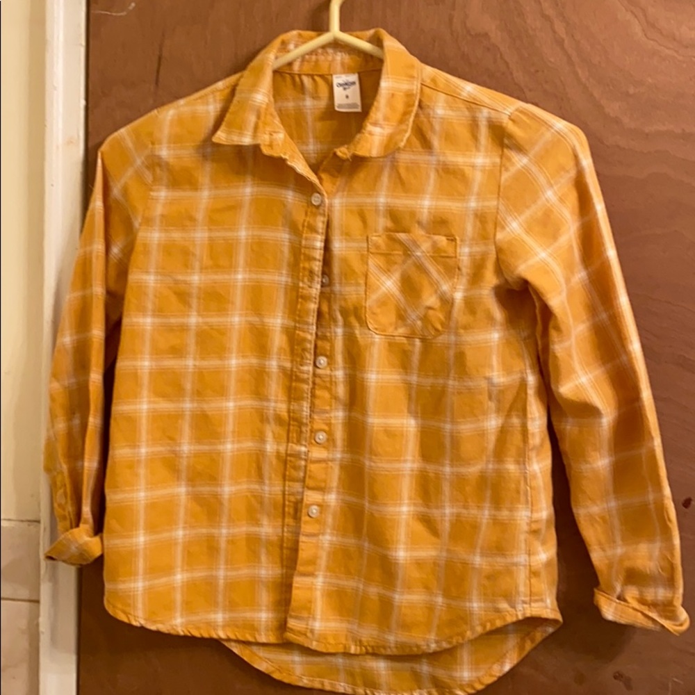 Mustard yellow girls button up plaid shirt